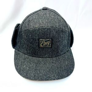 Obey 5 panel wool and polyester cap with snaps.